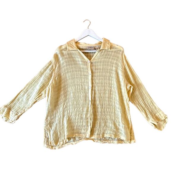Chicos 100% butter yellow linen gauze collared blouse 2 large - Picture 9 of 10